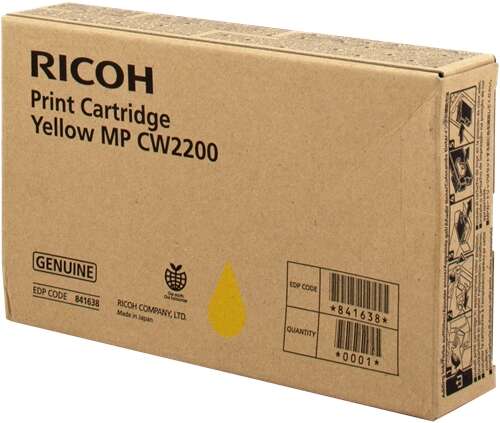 Caixa de cartucho de impressão Ricoh Yellow MP CW2200 castanha com texto e códigos pretos