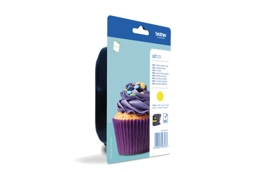 Cartucho de tinta Brother LC-1100 amarelo em embalagem azul com imagem de cupcake