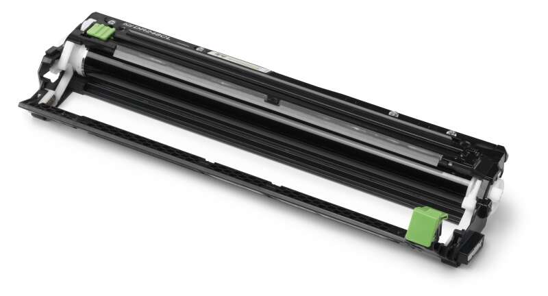 Tambor de impressora preto com detalhes verdes e brancos sobre fundo branco