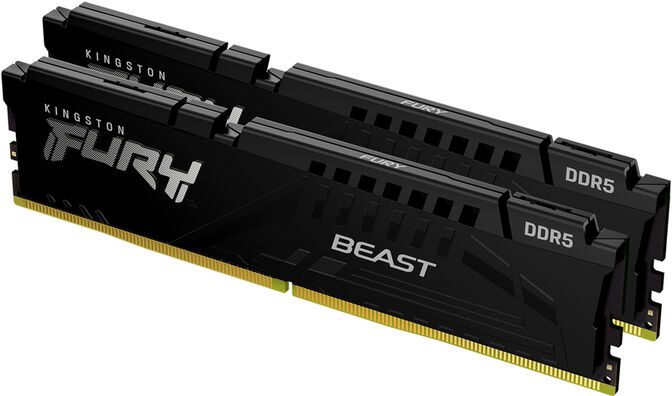Dois módulos de memória RAM Kingston Fury Beast DDR5 pretos com texto branco