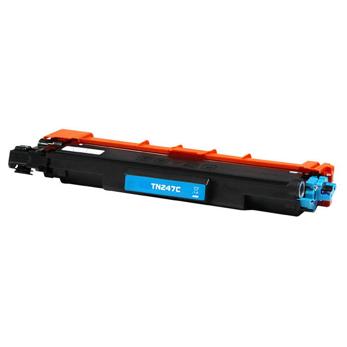 Cartucho de toner preto com detalhes laranja e azul e etiqueta TN247C