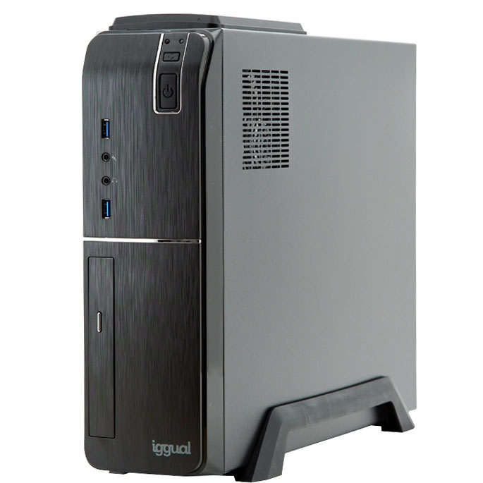 Computador de secretária cinza e preto com painel frontal texturizado