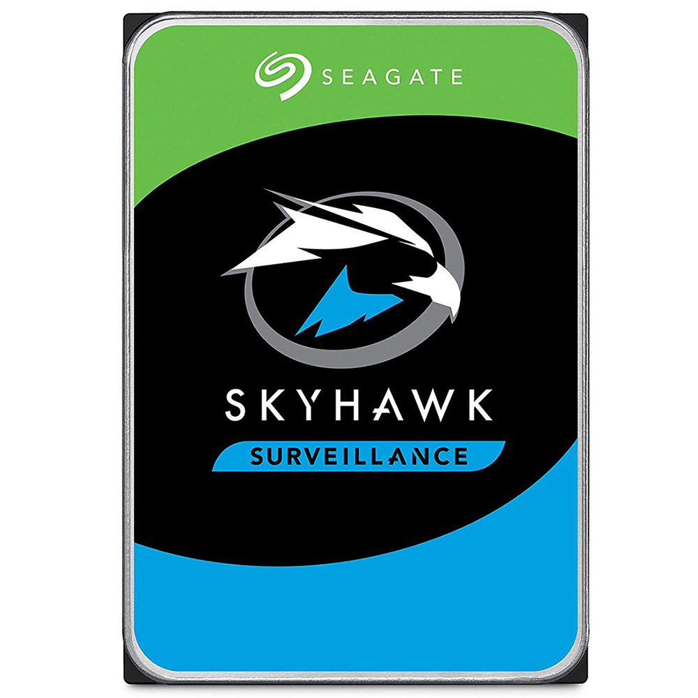 Disco rígido Seagate Skyhawk Surveillance com etiqueta colorida e logotipo de águia
