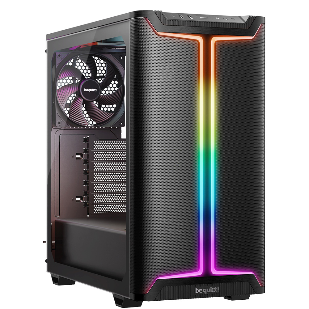 Caixa de computador preta com ventilador e luzes RGB