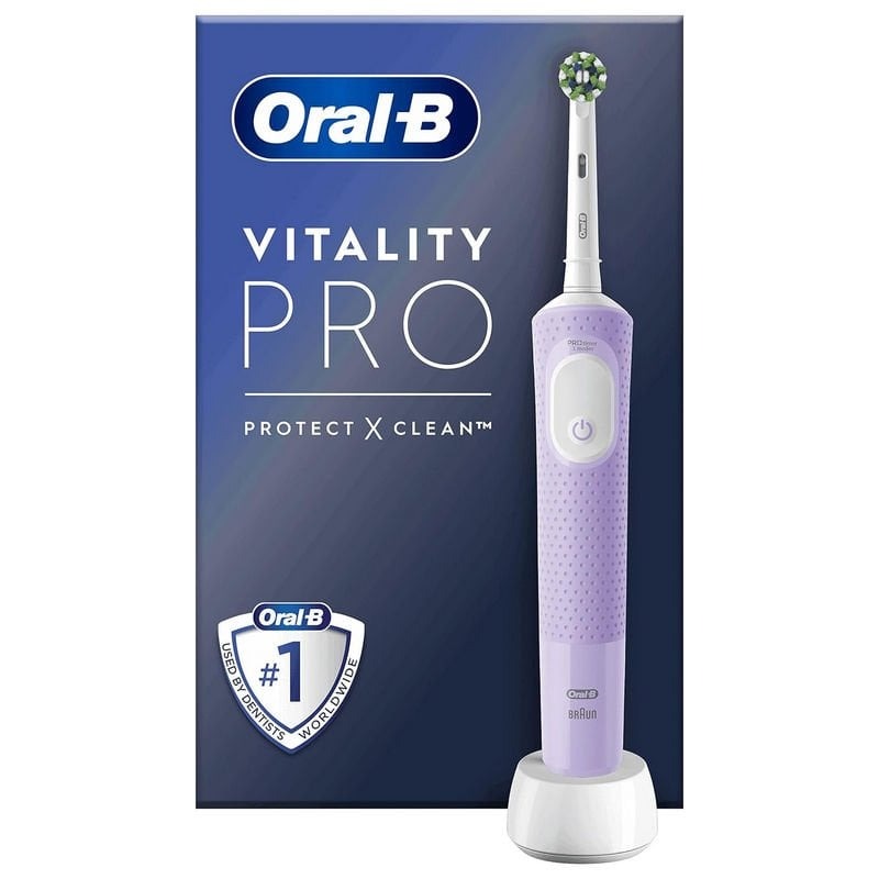 Escova de dentes elétrica Oral-B Vitality Pro roxa com suporte branco e embalagem azul