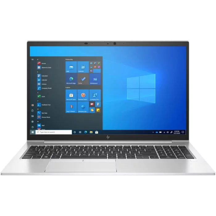 Portátil HP prateado com ecrã Windows 10 ligado e teclado QWERTY