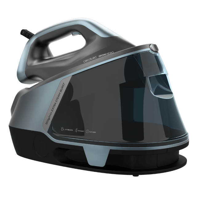 Ferro de engomar elétrico cinzento e preto com visor escuro transparente e texto lateral