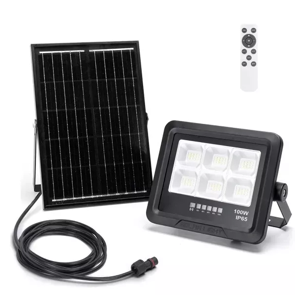 Painel solar preto, lâmpada LED 100W IP65 e comando remoto branco.