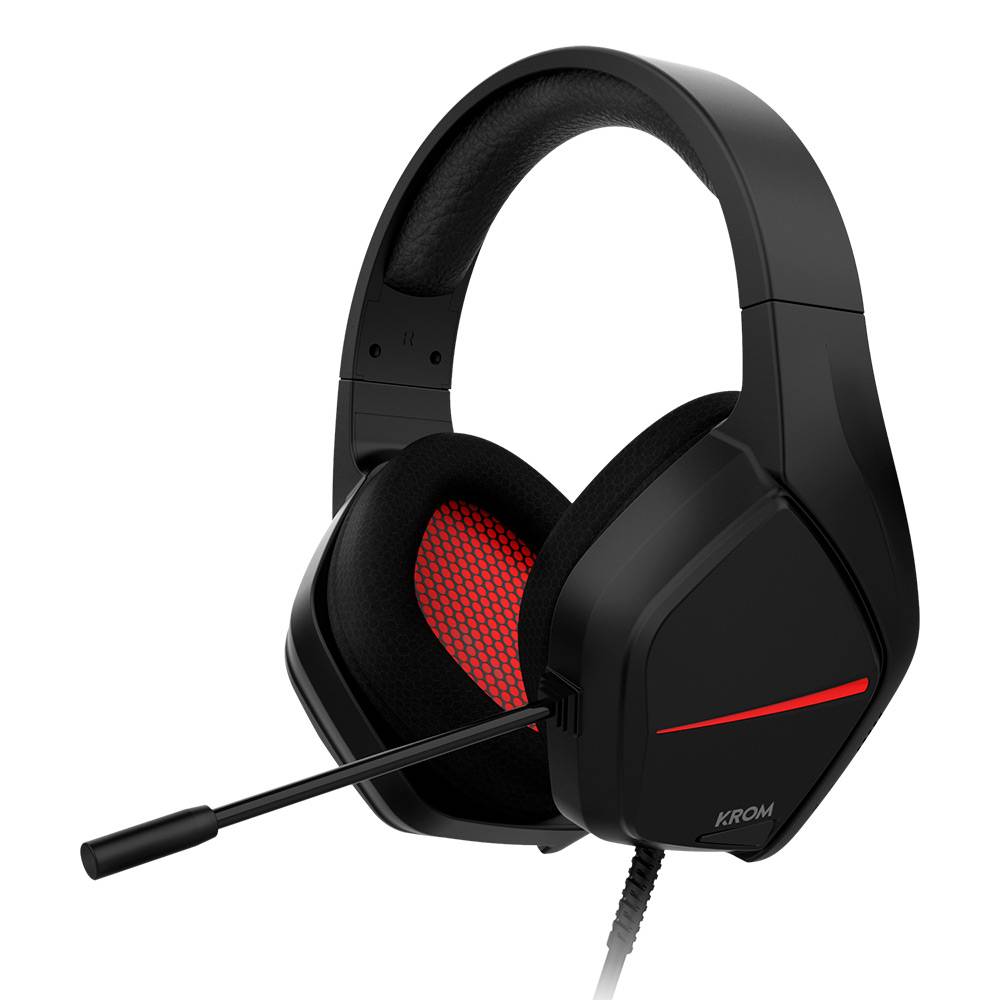 Auricular gaming Krom preto com microfone, almofadas vermelhas e cabo