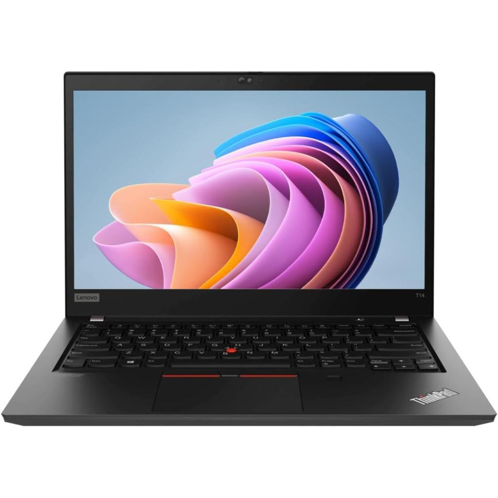 Portátil Lenovo ThinkPad T14 preto ligado com padrão colorido no ecrã