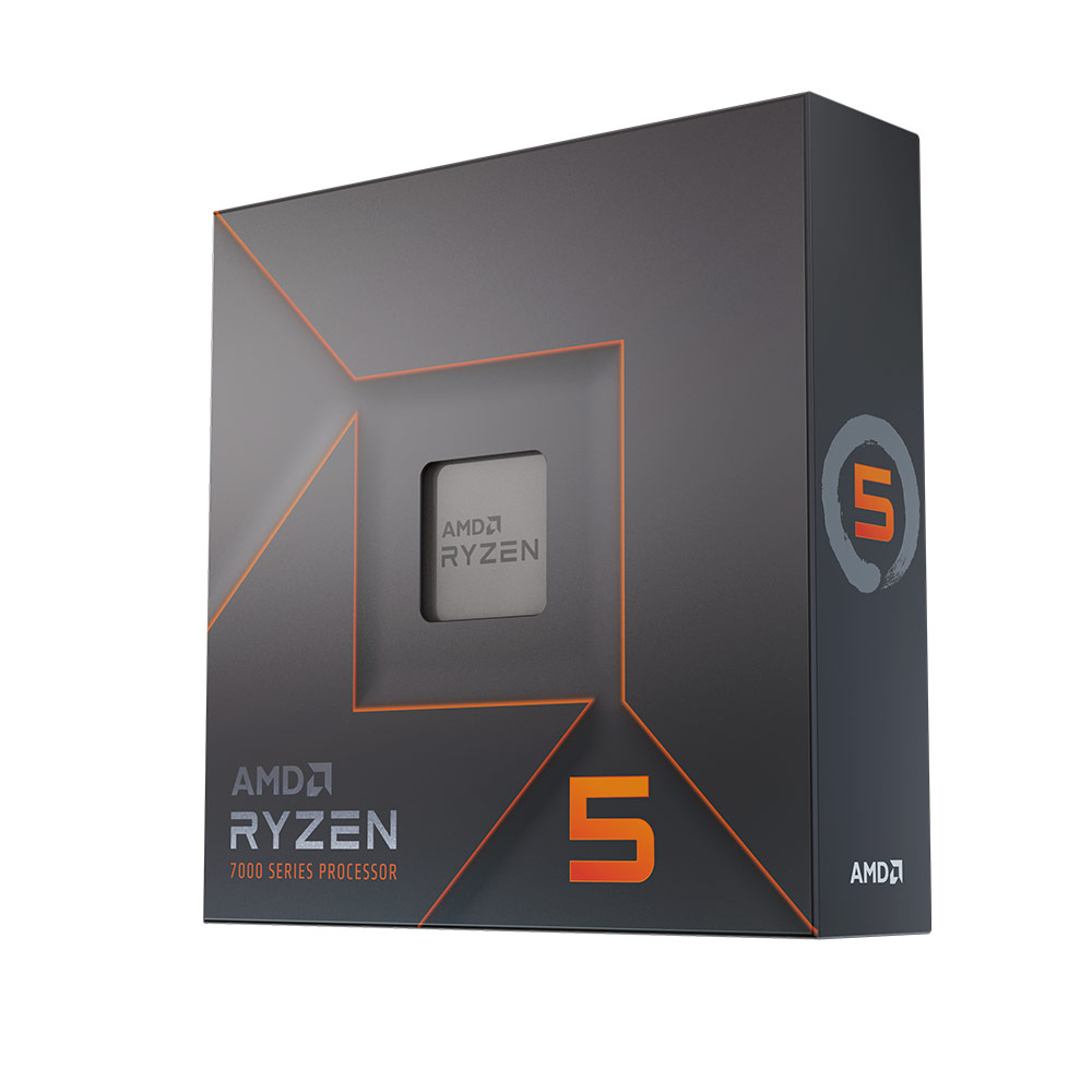 Caixa preta com processador AMD Ryzen 5 série 7000 e detalhes em laranja.