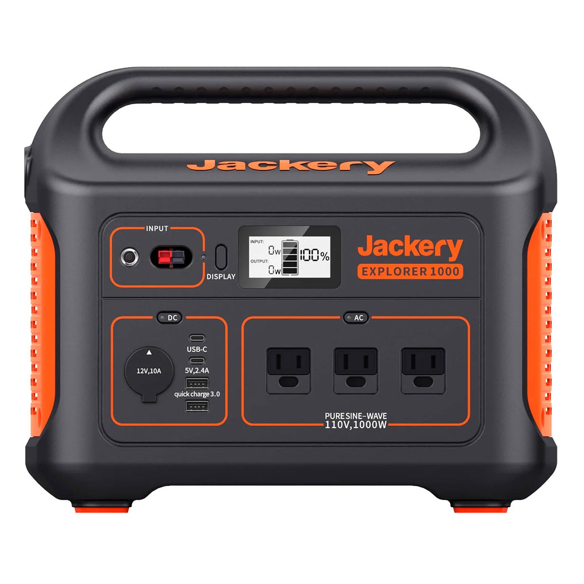Gerador portátil Jackery Explorer 1000 preto e laranja com ecrã LCD e múltiplas portas