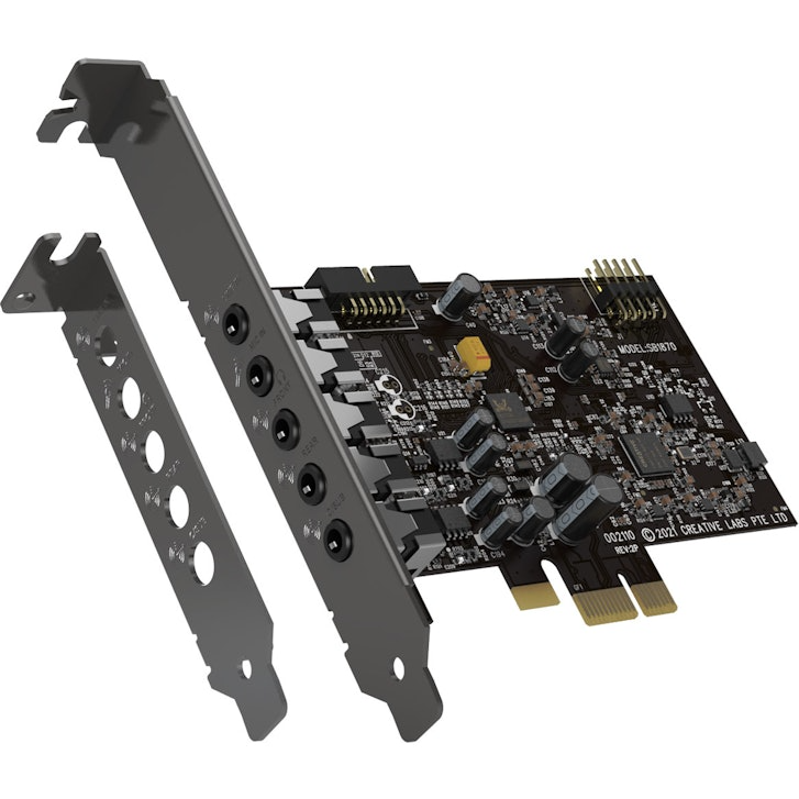 Placa de som Creative Labs SB1870 com conectores jack e placa metálica para montagem