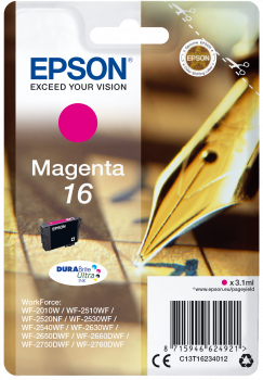 Cartucho de tinta Epson Magenta 16 para impressoras WorkForce, embalagem com imagem de caneta de pena dourada