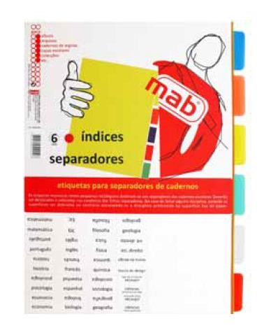 Separadores de cadernos MAB coloridos com 6 índices em plástico.