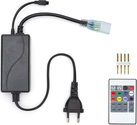 Carregador preto com cabo elétrico e controle remoto com botões coloridos