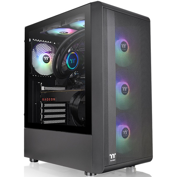 Computador desktop preto com ventoinhas RGB visíveis e vidro lateral.