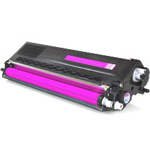 Toner de impressora magenta com estrutura preta e cilindro visível.