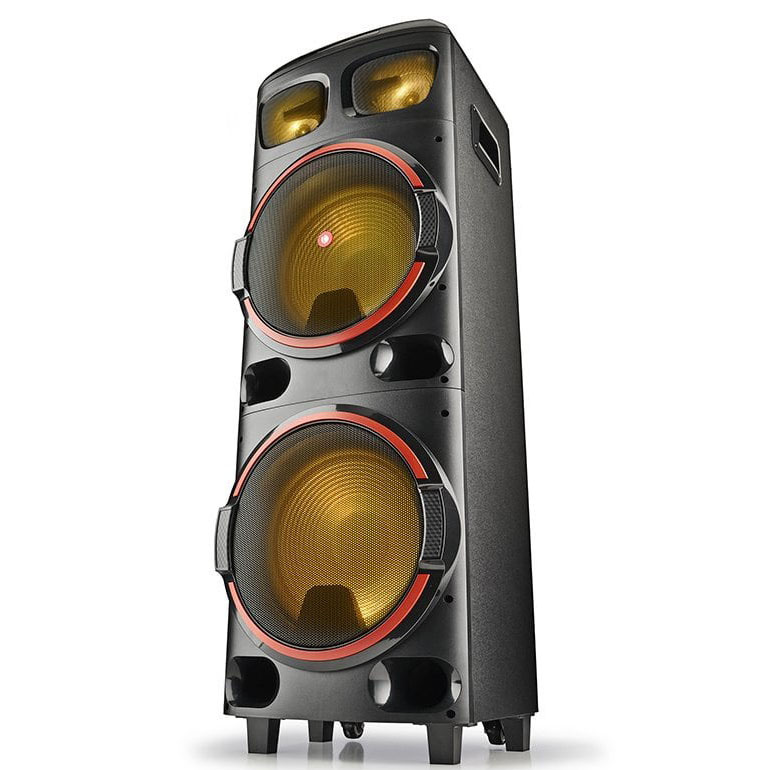 Coluna de som preta com altifalantes dourados