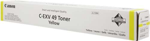 Embalagem branca de toner amarelo Canon C-EXV 49 com texto e selo