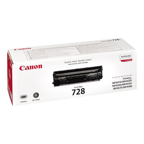 Embalagem branca de cartucho de toner Canon 728 com texto e imagem do cartucho.