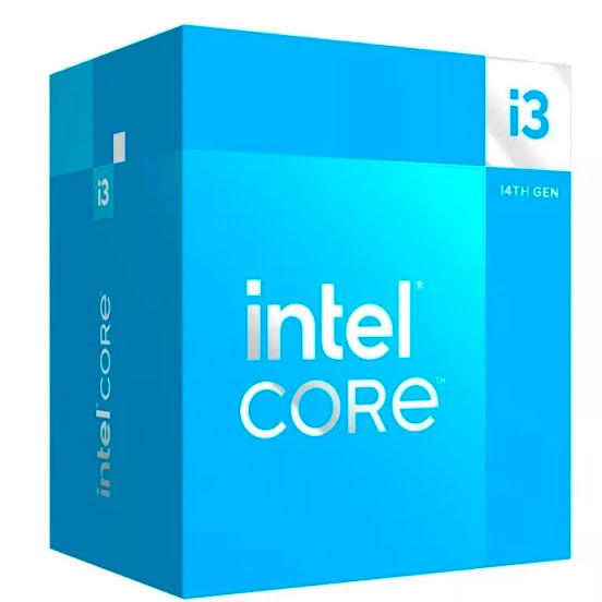 Caixa azul do processador Intel Core i3 14TH GEN com texto branco e azul claro