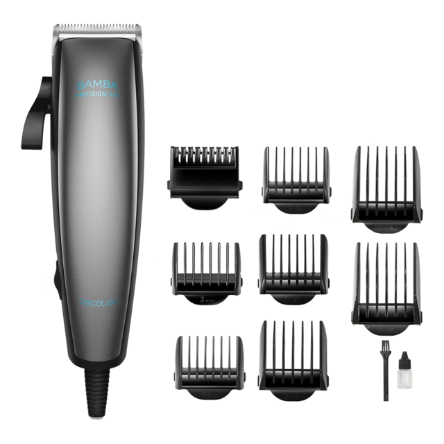 Aparelho de corte de cabelo cinzento e preto com nove pentes e acessórios