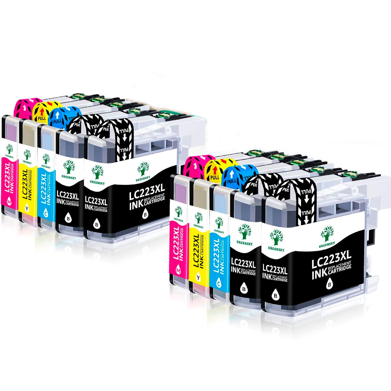 Cartuchos de tinta LC223XL em várias cores com etiquetas e instruções PULL