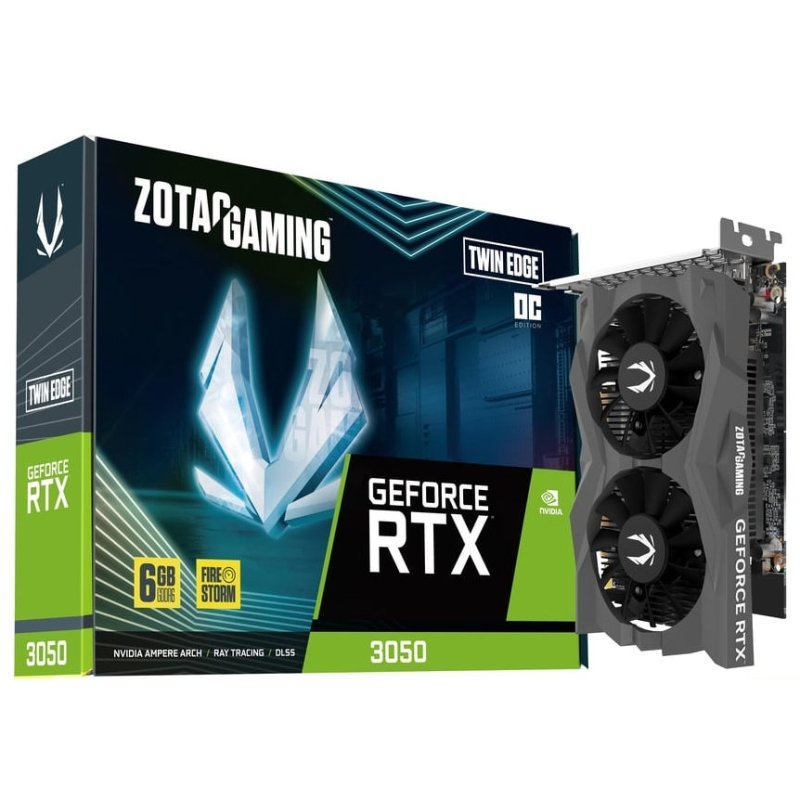 Placa gráfica ZOTAC GAMING GEFORCE RTX 3050 com duas ventoinhas e caixa preta e verde