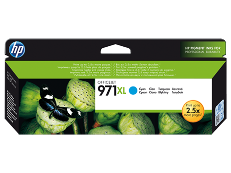 Embalagem de tinta HP OfficeJet 971XL ciano com imagem de folhas verdes e borboleta