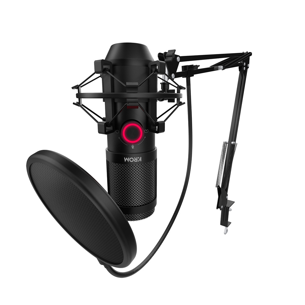 Microfone condensador preto com suporte ajustável e filtro anti-pop