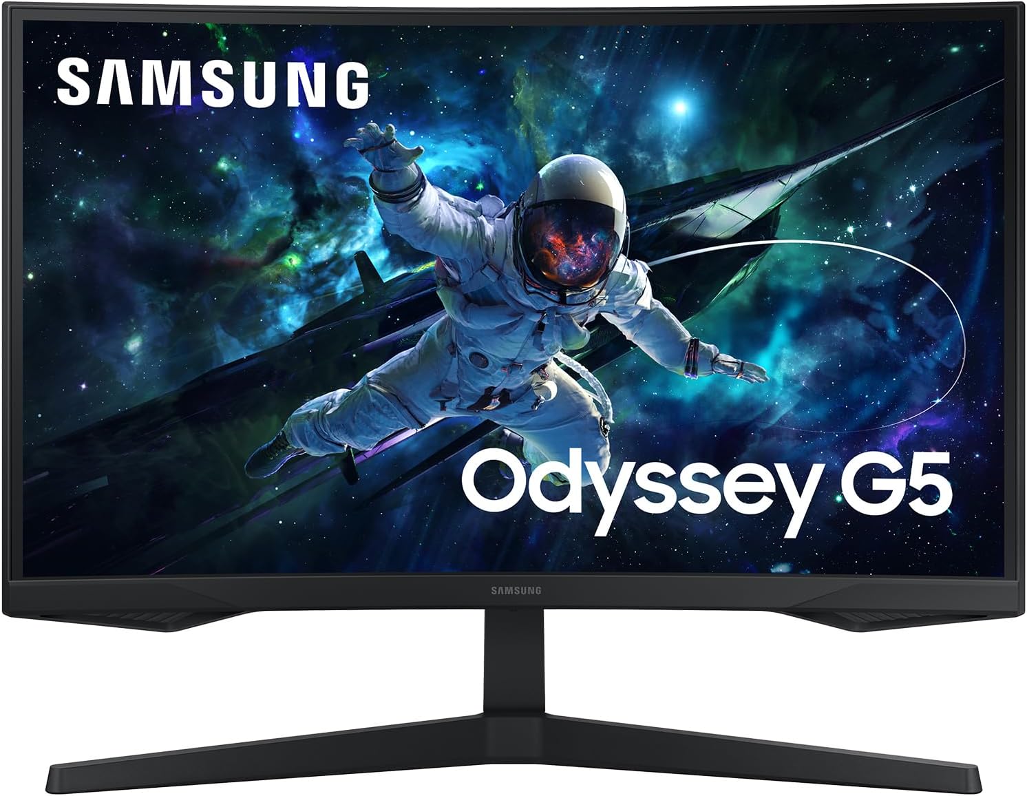 Monitor curvo preto Samsung Odyssey G5 com imagem de astronauta no espaço