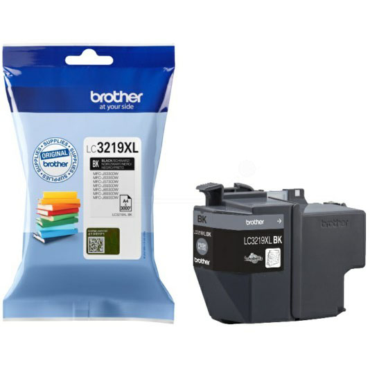 Cartucho de tinta preto Brother LC3219XL com embalagem azul e branca