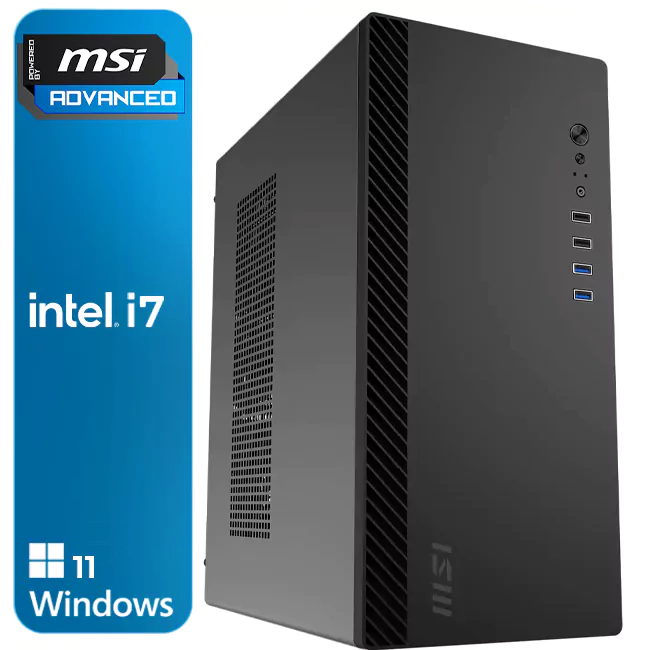 Computador MSI Advanced preto com entradas USB e texto intel i7 e Windows 11