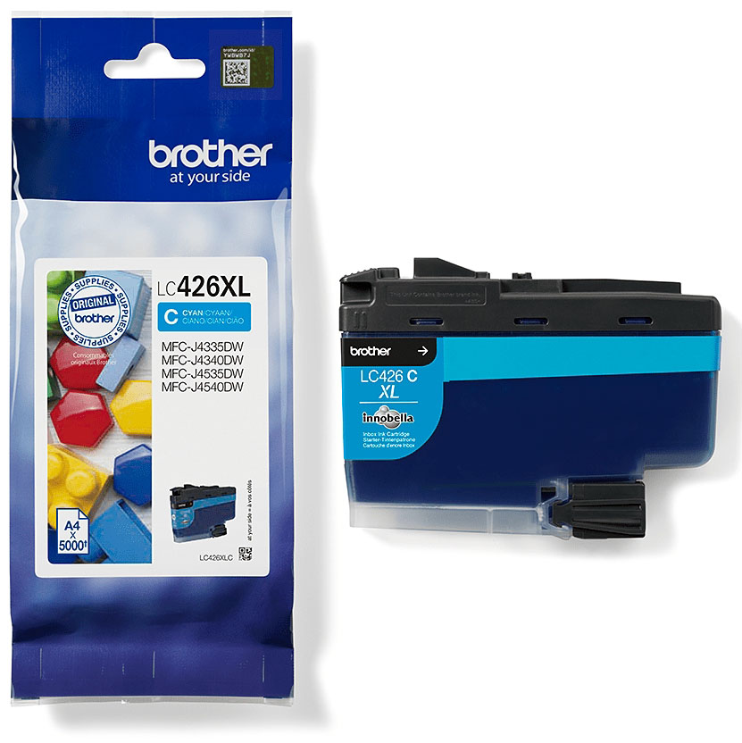 Tinteiro Brother LC426XL azul ciano com embalagem azul e branca