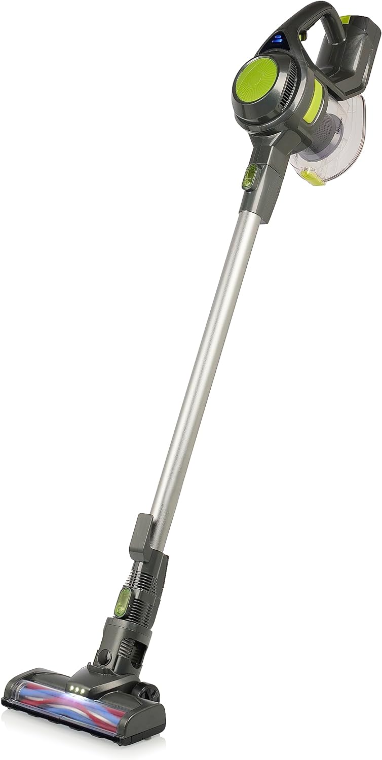 aspirador de pó vertical sem fio preto e verde com cabo metálico prateado