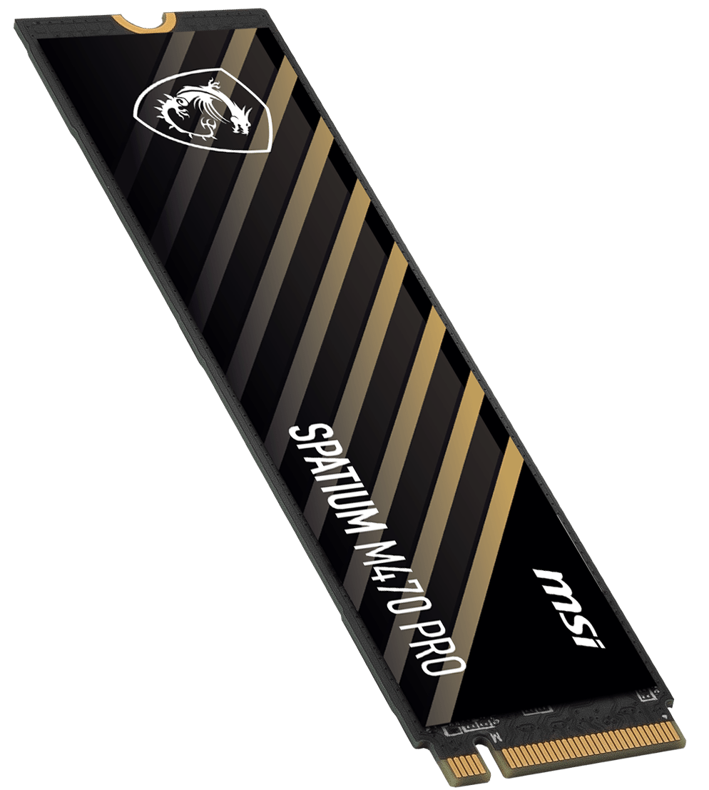 Módulo SSD M.2 preto com detalhes dourados e texto branco SPATIUM M470 PRO msi