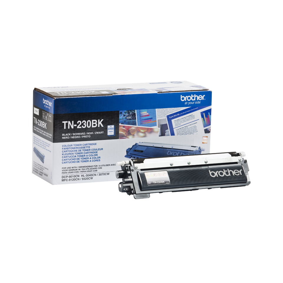 Cartucho de toner preto Brother TN-230BK com embalagem azul e branca e imagens de gráficos