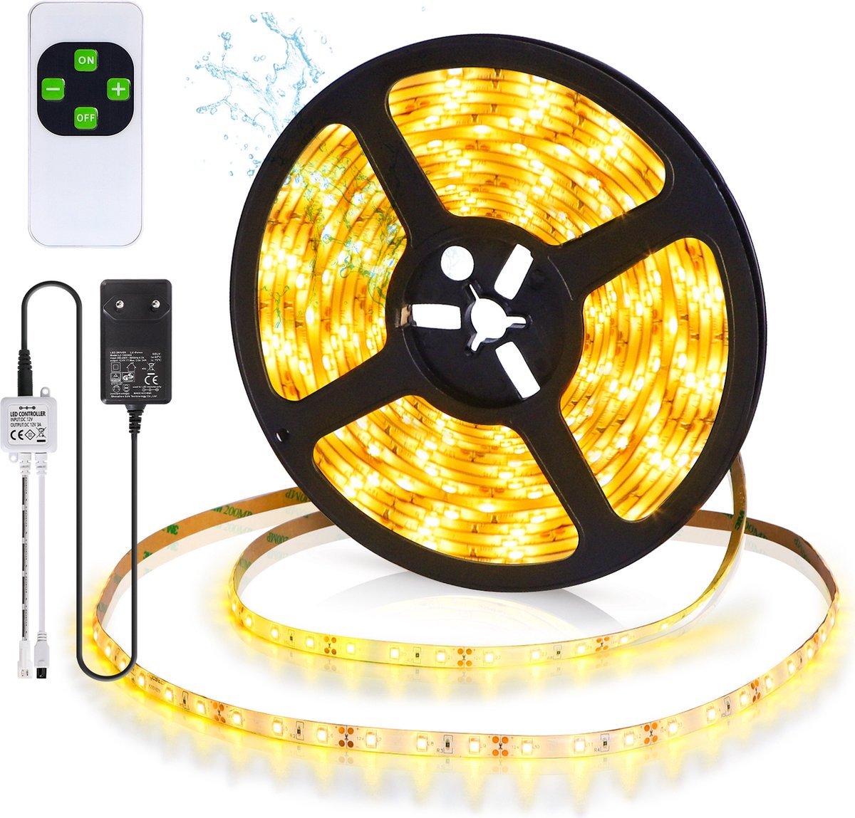 Fita de luz LED amarela com controlo remoto e adaptador