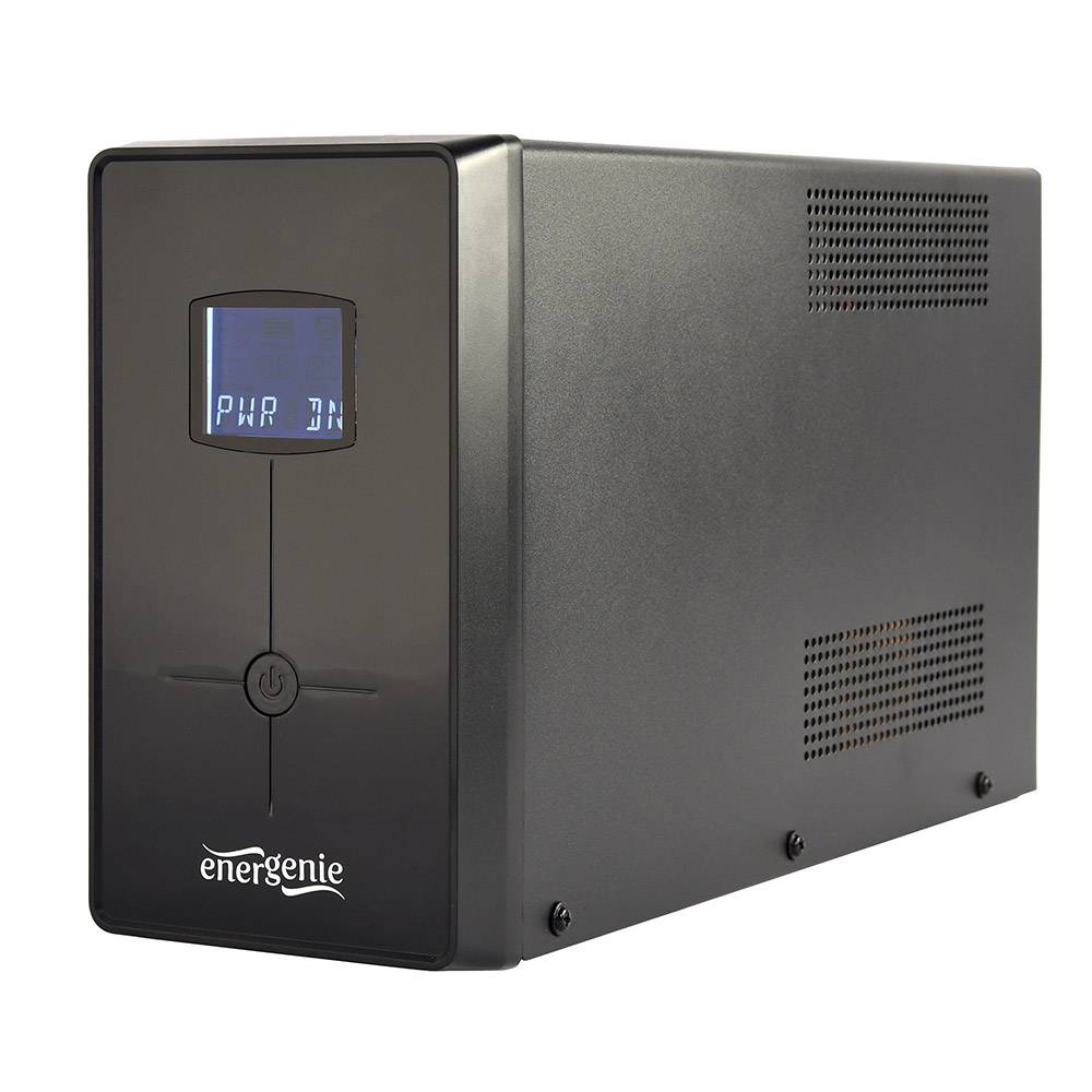 UPS preta da marca Energenie com ecrã LCD azul e botão power no painel frontal