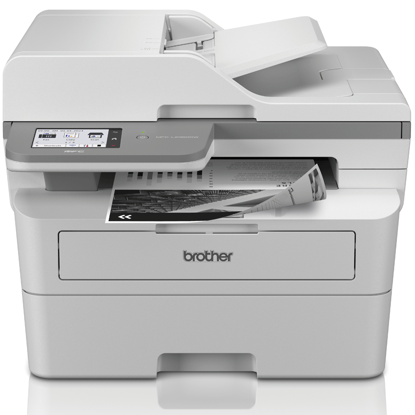 Impressora multifunções Brother MFC-L2750DW cinza e branca com ecrã tátil e folha a sair