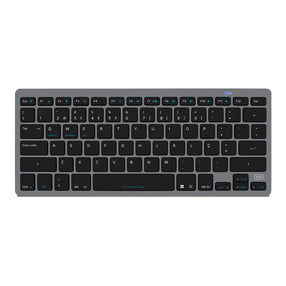 Teclado compacto preto com estrutura cinza e letras pretas.