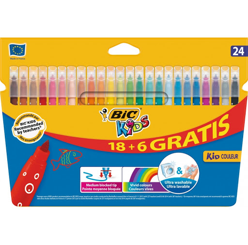 Conjunto colorido de 24 canetas BIC Kids em estojo amarelo e azul