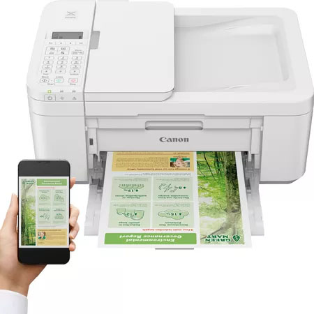 Impressora Canon branca a imprimir documento verde com telemóvel a mostrar o mesmo documento