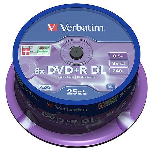 pack de 25 DVDs Verbatim DVD+R DL azul e roxo com indicações técnicas