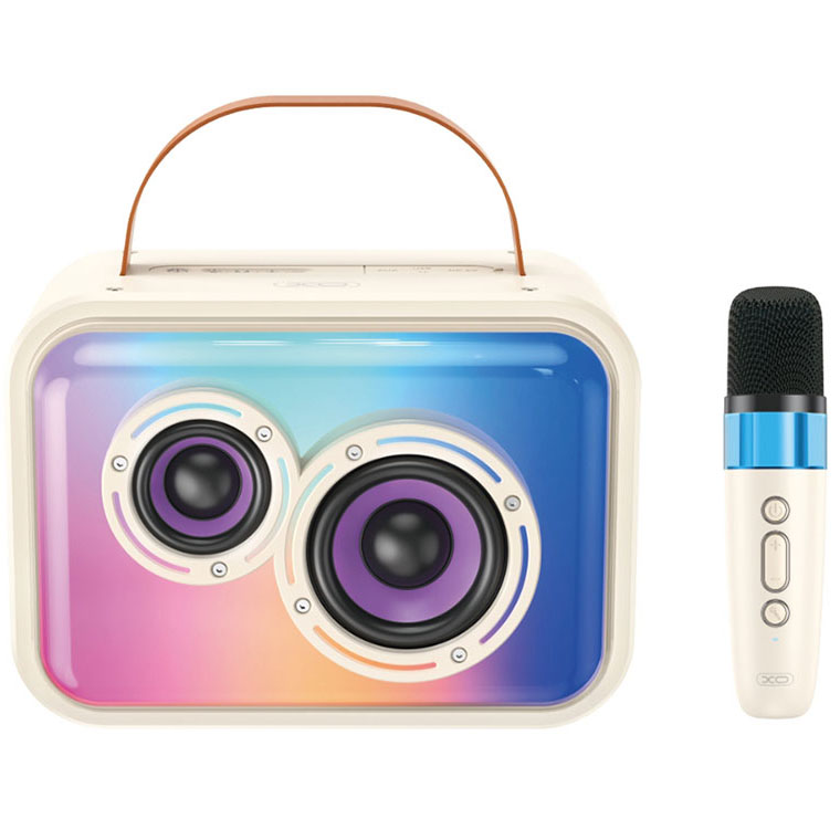 Coluna portátil branca com altifalantes coloridos e microfone branco e azul