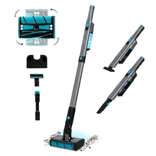 aspirador portátil sem fios cinza com detalhes azuis e acessórios