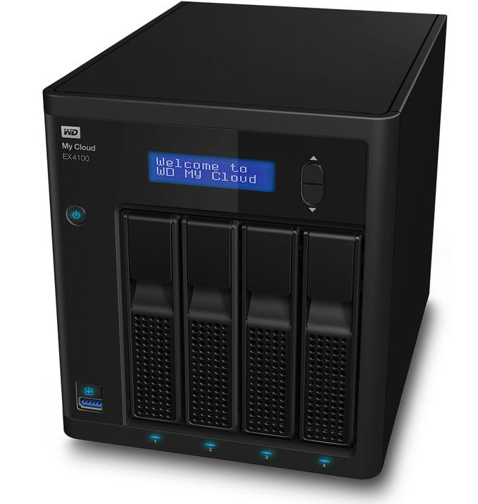 Dispositivo de armazenamento WD My Cloud EX4100 preto com quatro baias e ecrã azul