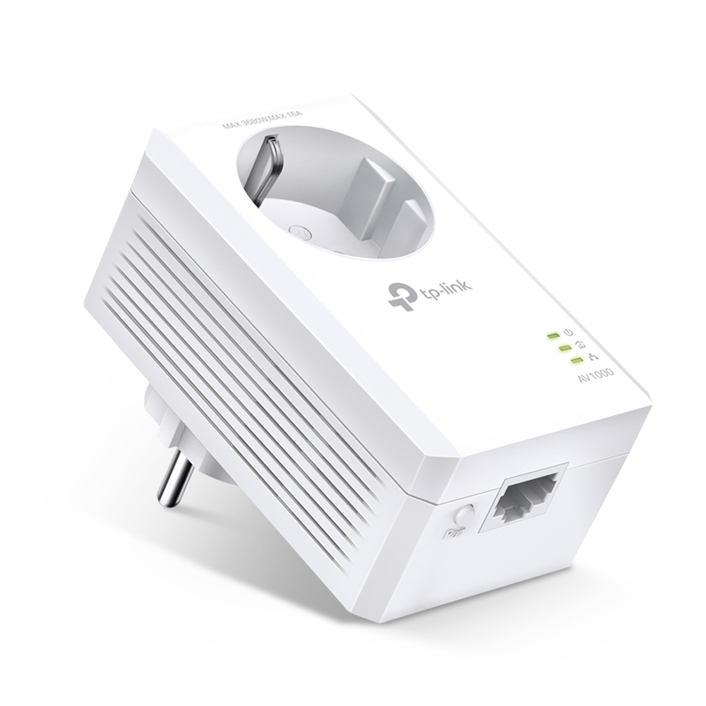 Adaptador elétrico branco TP-Link com ficha padrão europeu e porta RJ45