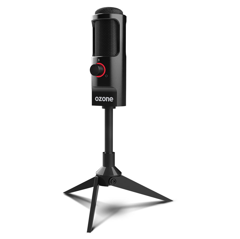 Microfone preto com suporte tripé e botão iluminado vermelho com a palavra ozone